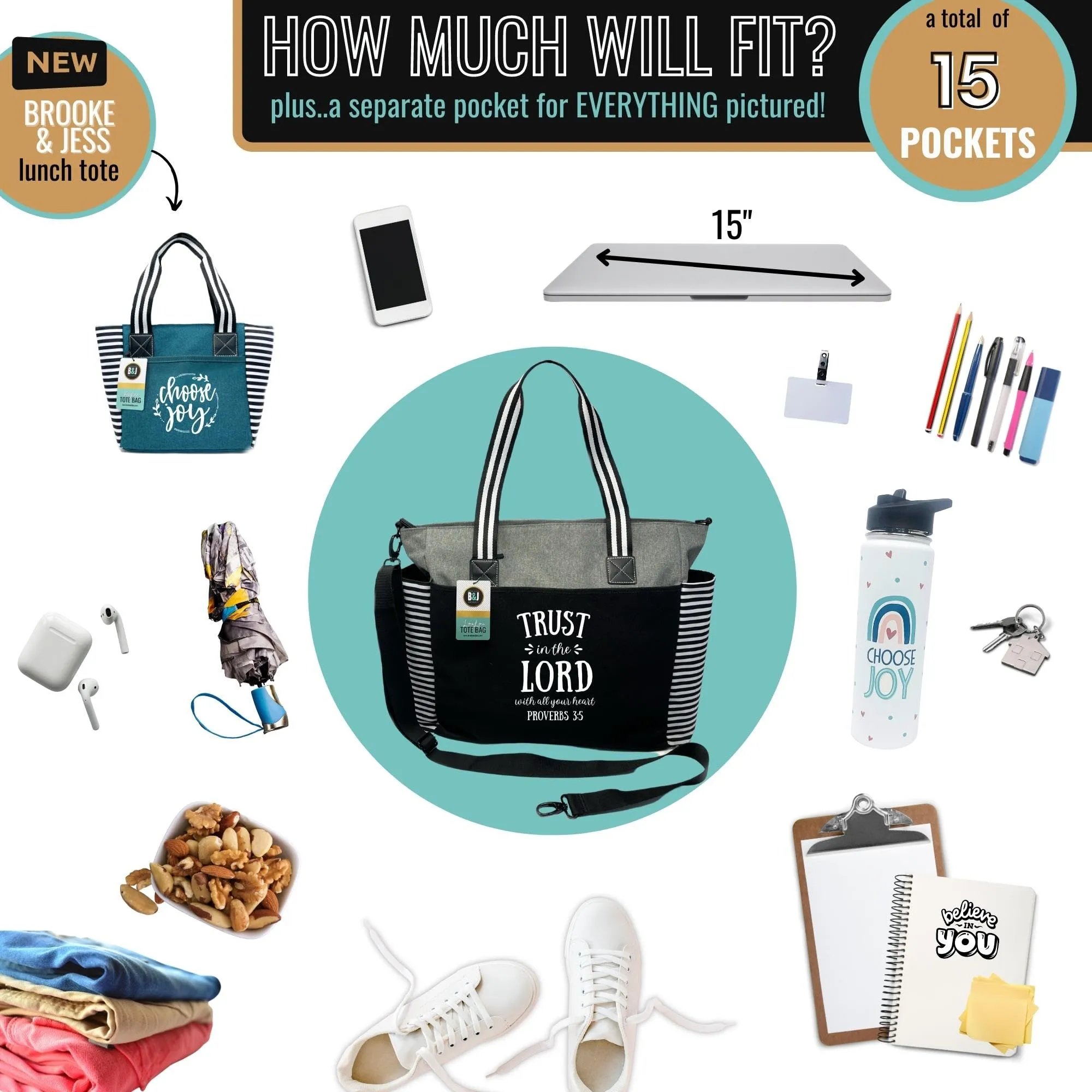 Large Zippered Inspirational Tote Bags for Women - Christian Gift Ideas (Trust in the Lord Lou Lou Gray)