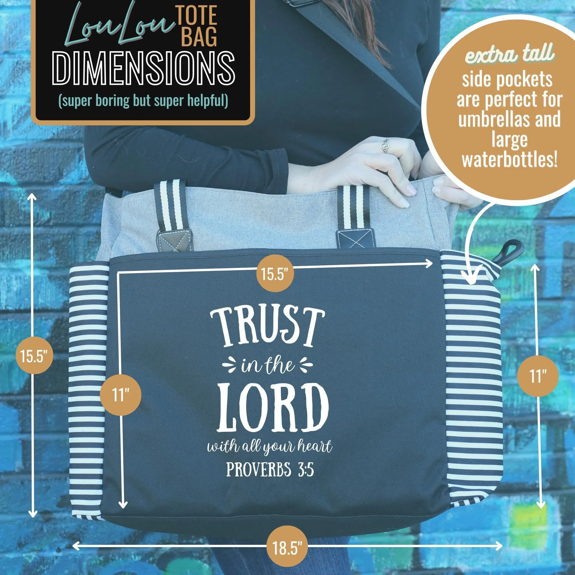 Large Zippered Inspirational Tote Bags for Women - Christian Gift Ideas (Trust in the Lord Lou Lou Gray)