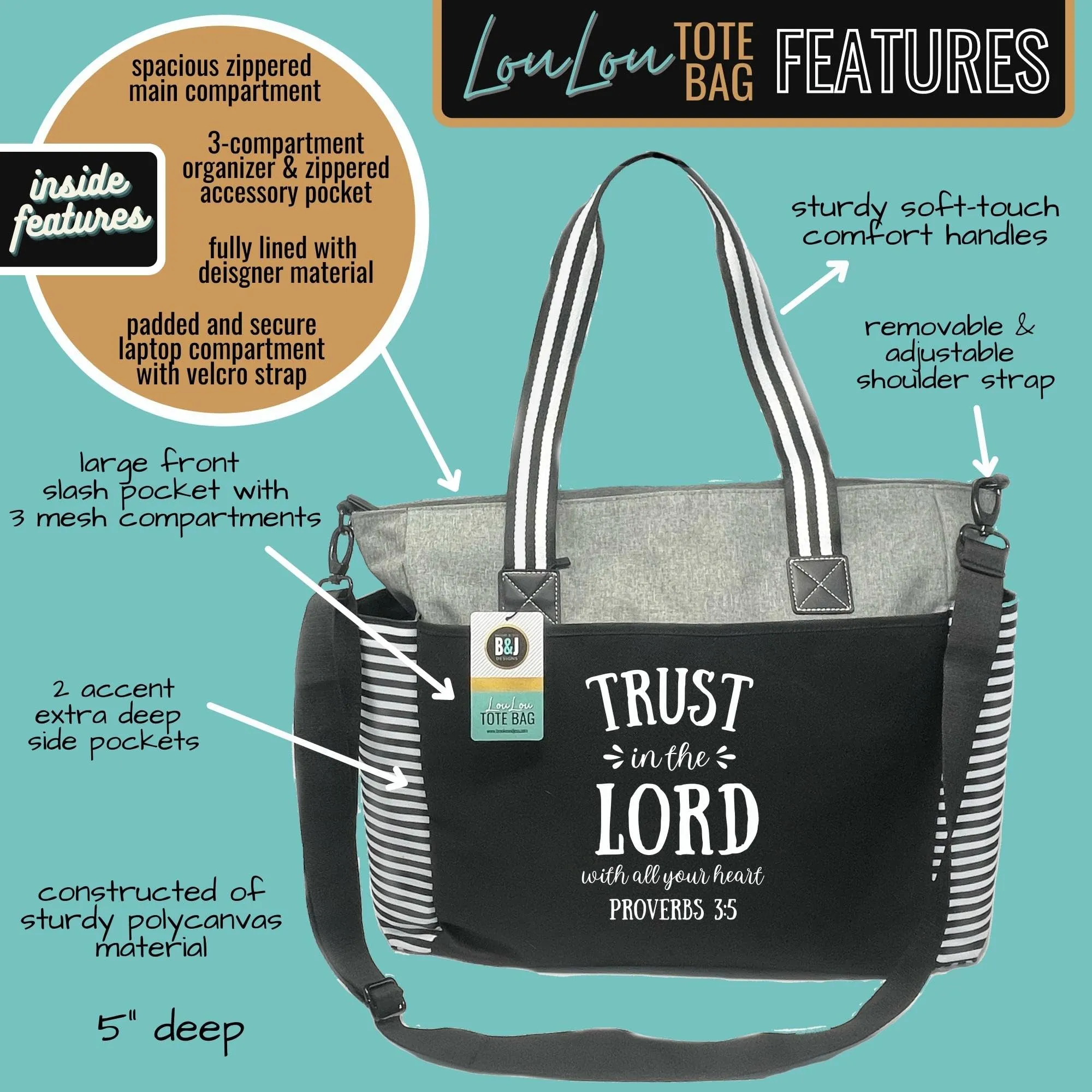 Large Zippered Inspirational Tote Bags for Women - Christian Gift Ideas (Trust in the Lord Lou Lou Gray)