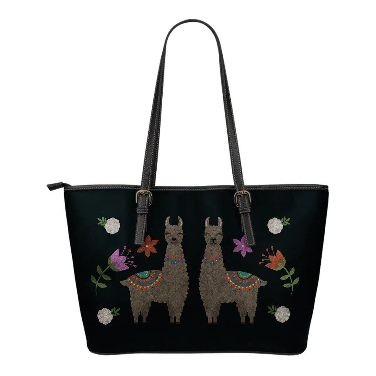 Llama Vegan Leather Tote Bags Chalky Boho Desert Style Design With Flowers