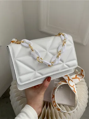 Mini Chain Decor Quilted Flap Square Bag - White
