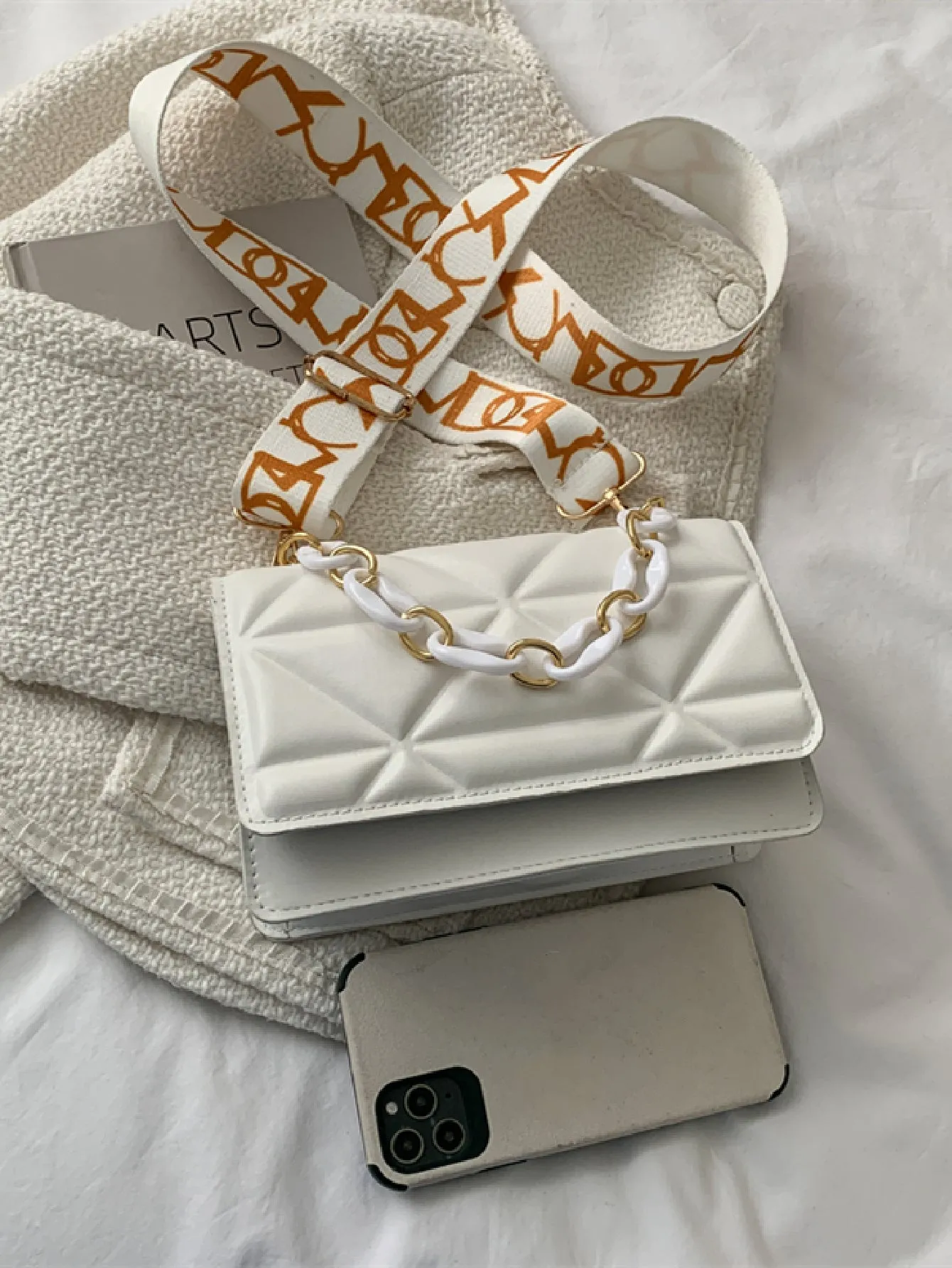 Mini Chain Decor Quilted Flap Square Bag - White