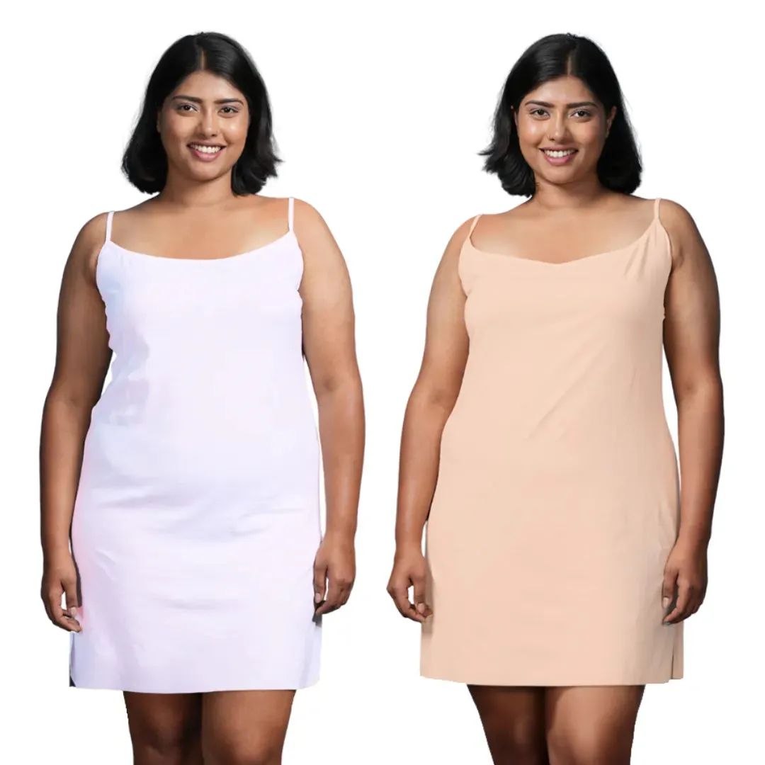Plus Size Inner Slip For Kurti/Kurta | Adjustable Straps | Side Slits For Easy Movement | Pack Of 2