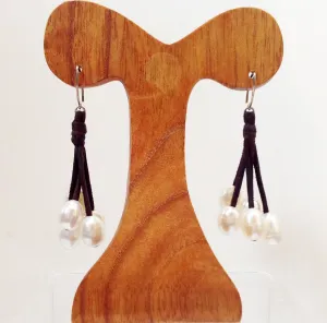 "Little Black Dress" Freshwater Pearl and Leather Dangling Earrings