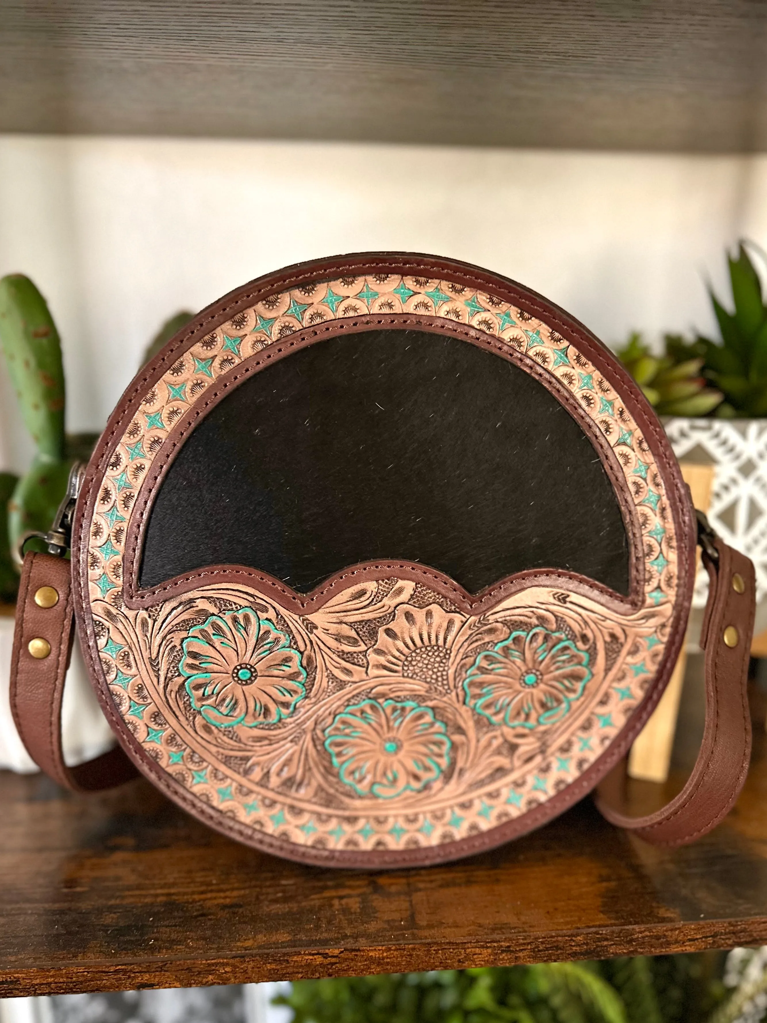 Scalloped Floral Tooled Cowhide 10” Canteen Purse