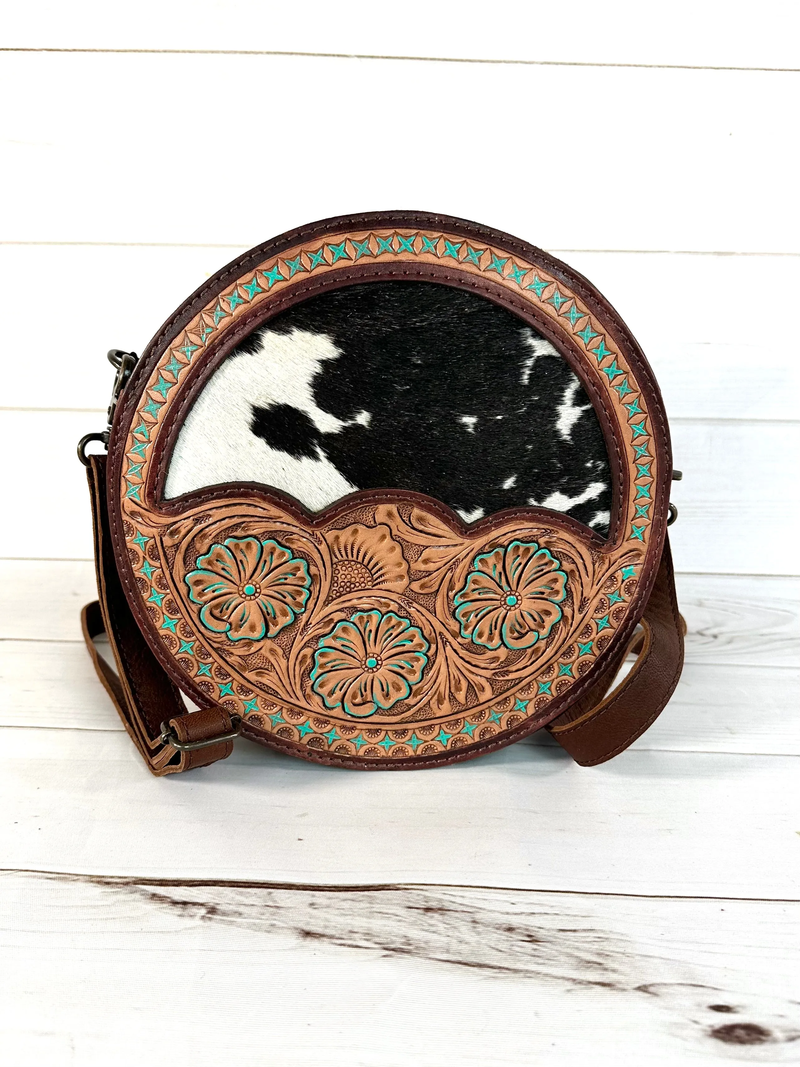 Scalloped Floral Tooled Cowhide 10” Canteen Purse