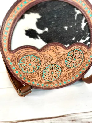 Scalloped Floral Tooled Cowhide 10” Canteen Purse