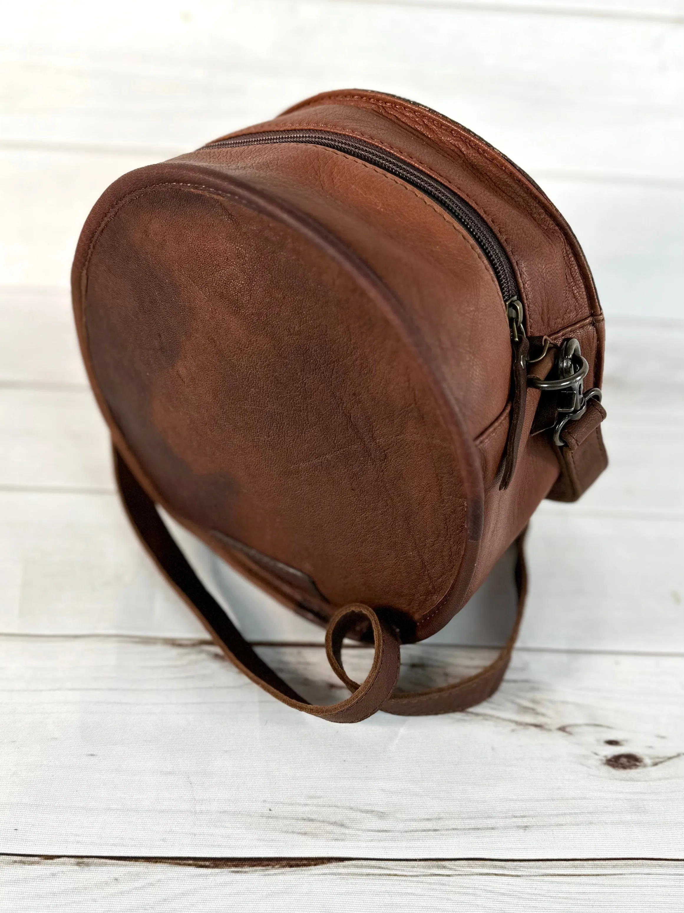 Scalloped Floral Tooled Cowhide 10” Canteen Purse