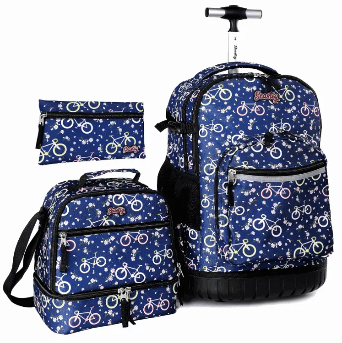 Seastig Bicycle 18 inch Blue Rolling Backpack with Lunch Bag and Pencil Case Set