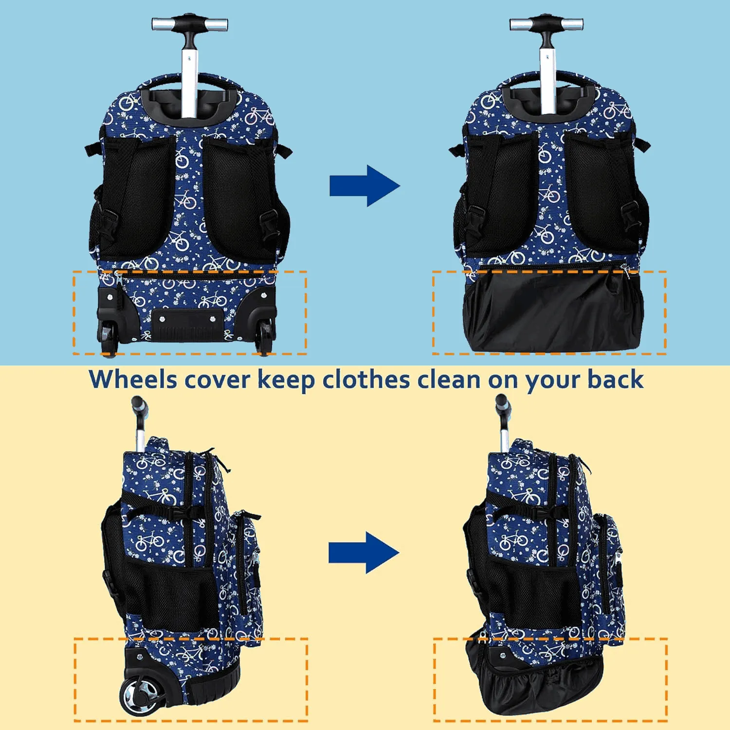 Seastig Bicycle 18 inch Blue Rolling Backpack with Lunch Bag and Pencil Case Set