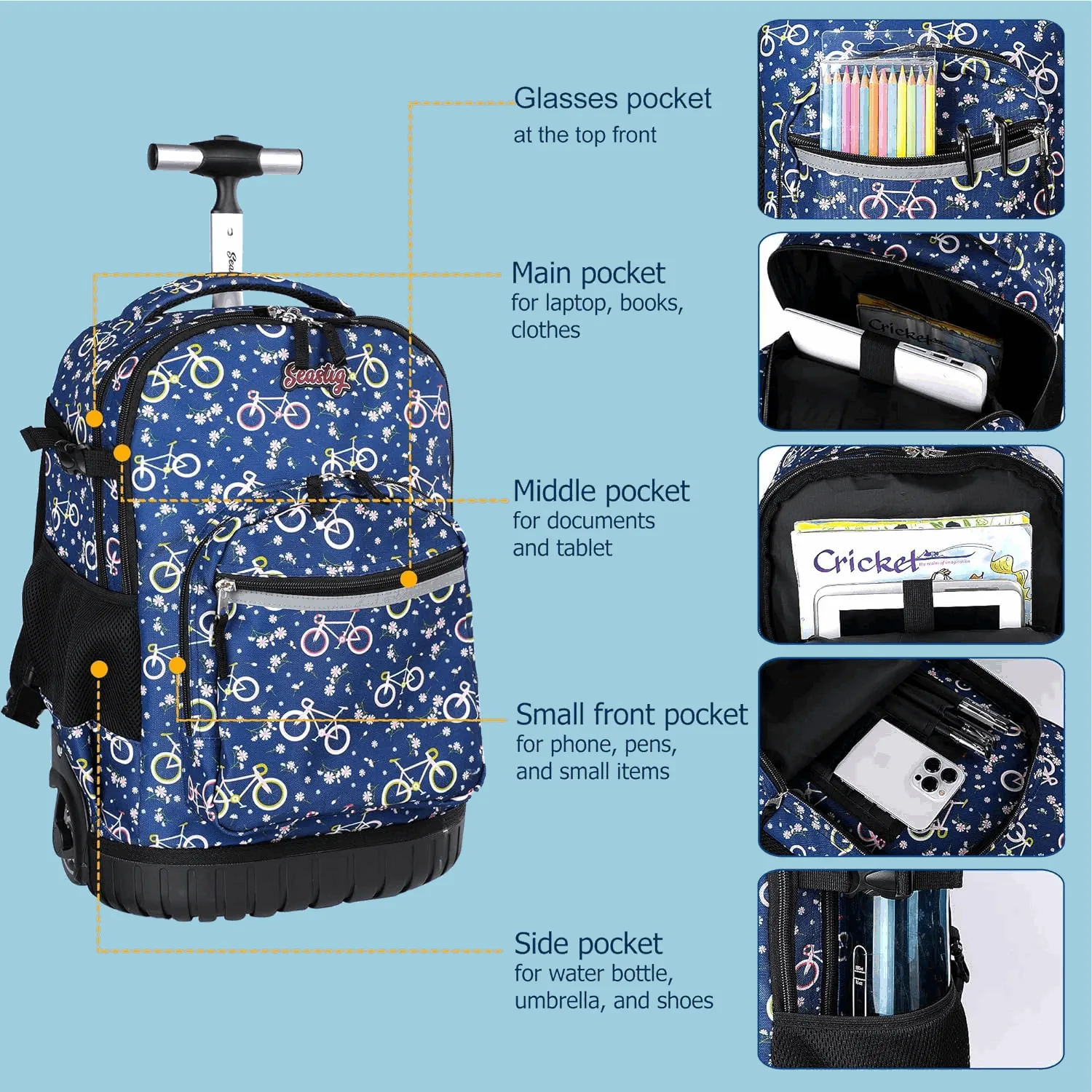 Seastig Bicycle 18 inch Blue Rolling Backpack with Lunch Bag and Pencil Case Set