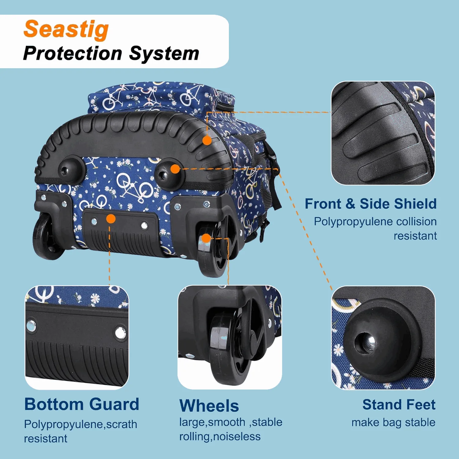 Seastig Bicycle 18 inch Blue Rolling Backpack with Lunch Bag and Pencil Case Set