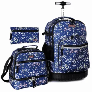Seastig Bicycle 18 inch Blue Rolling Backpack with Lunch Bag and Pencil Case Set