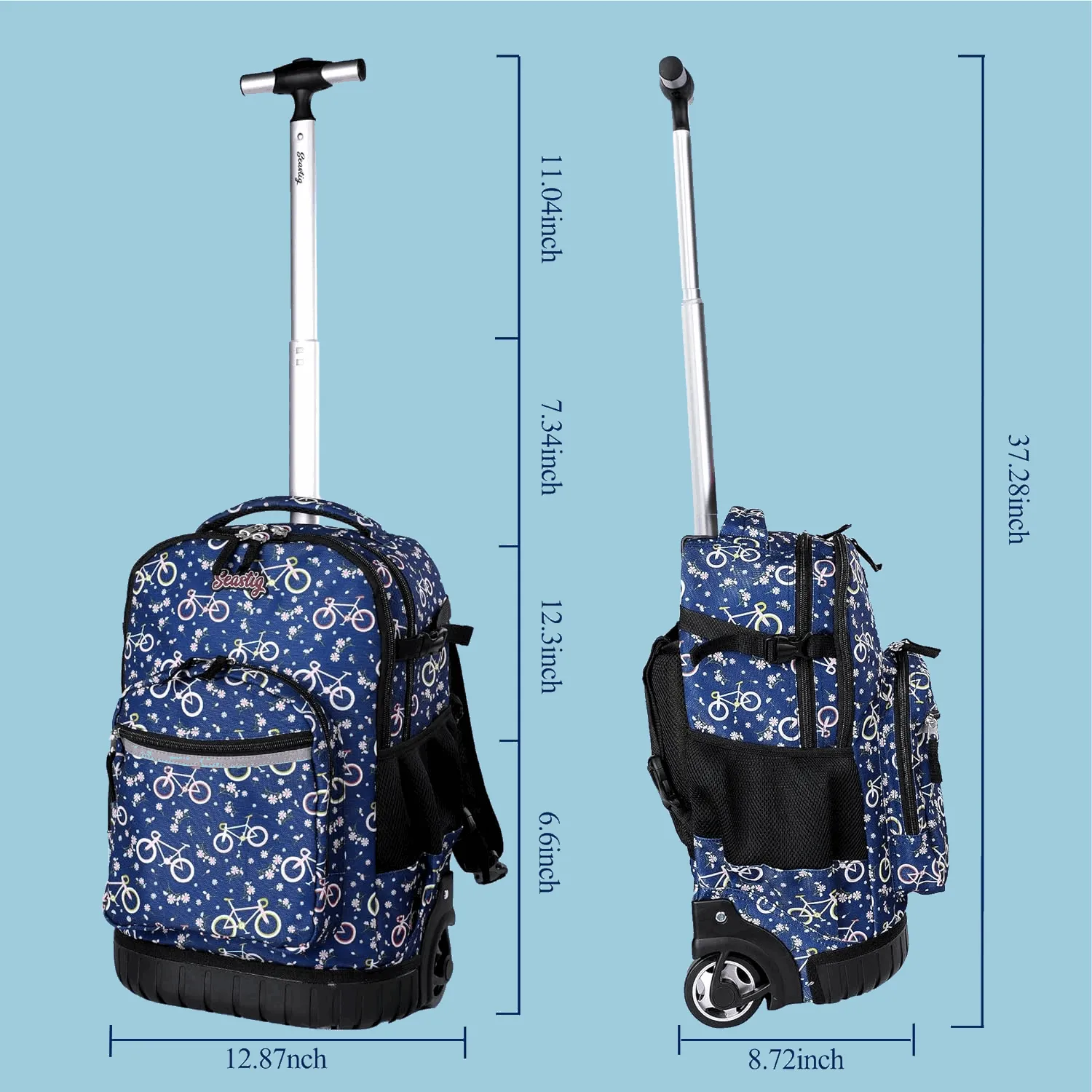 Seastig Bicycle 18 inch Blue Rolling Backpack with Lunch Bag and Pencil Case Set