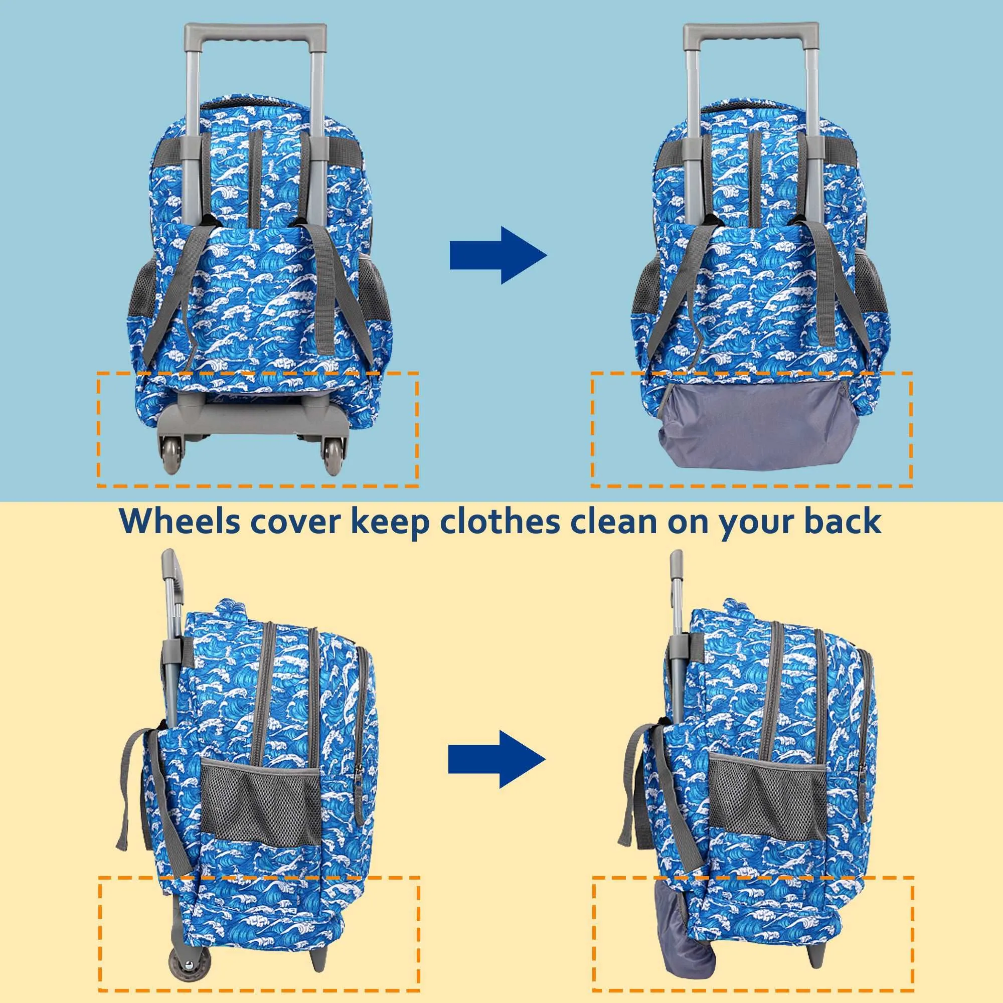 seastig Blue Waves  18 inch Rolling Backpack with Lunch Box and Pencil Case Set