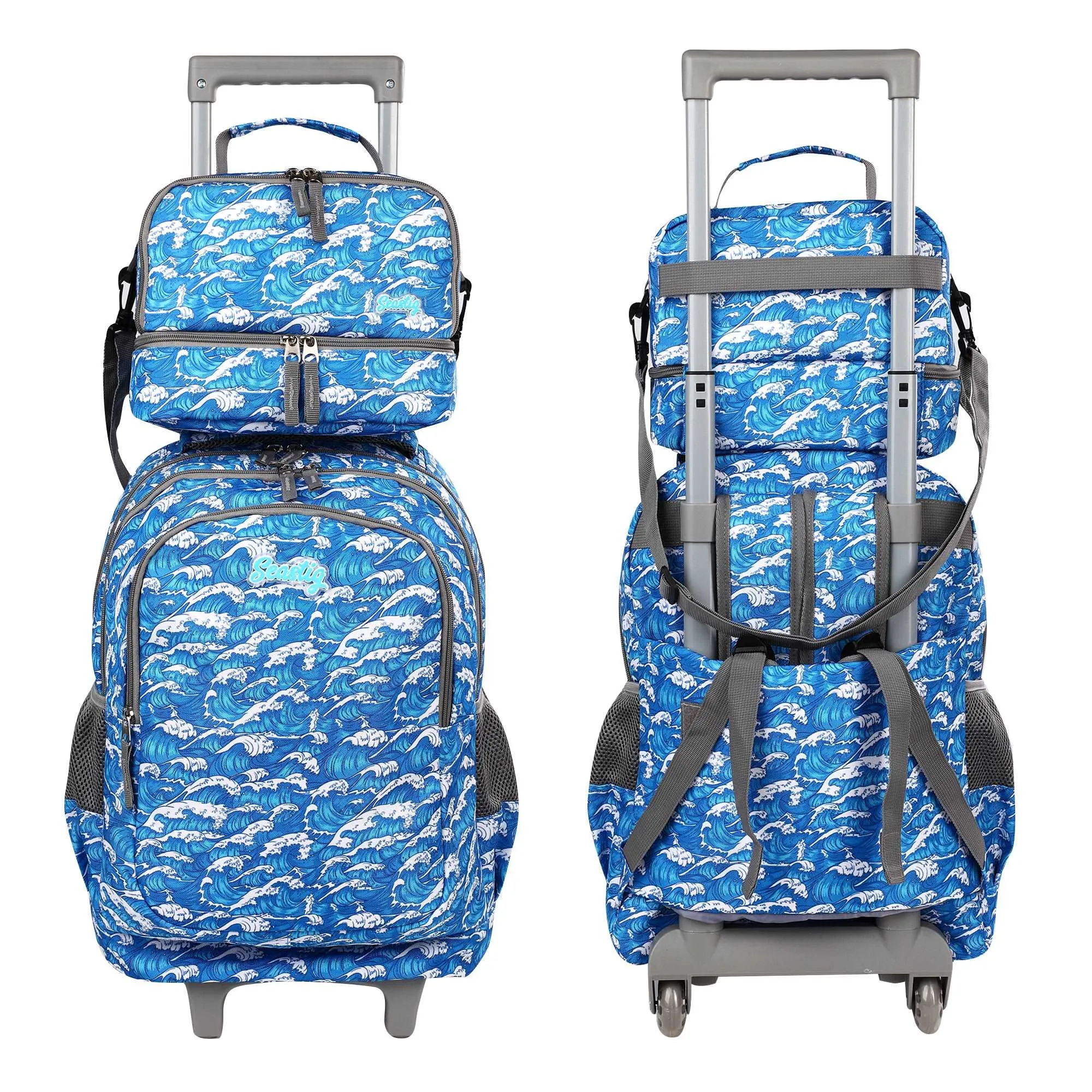 seastig Blue Waves  18 inch Rolling Backpack with Lunch Box and Pencil Case Set