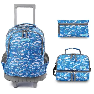 seastig Blue Waves  18 inch Rolling Backpack with Lunch Box and Pencil Case Set