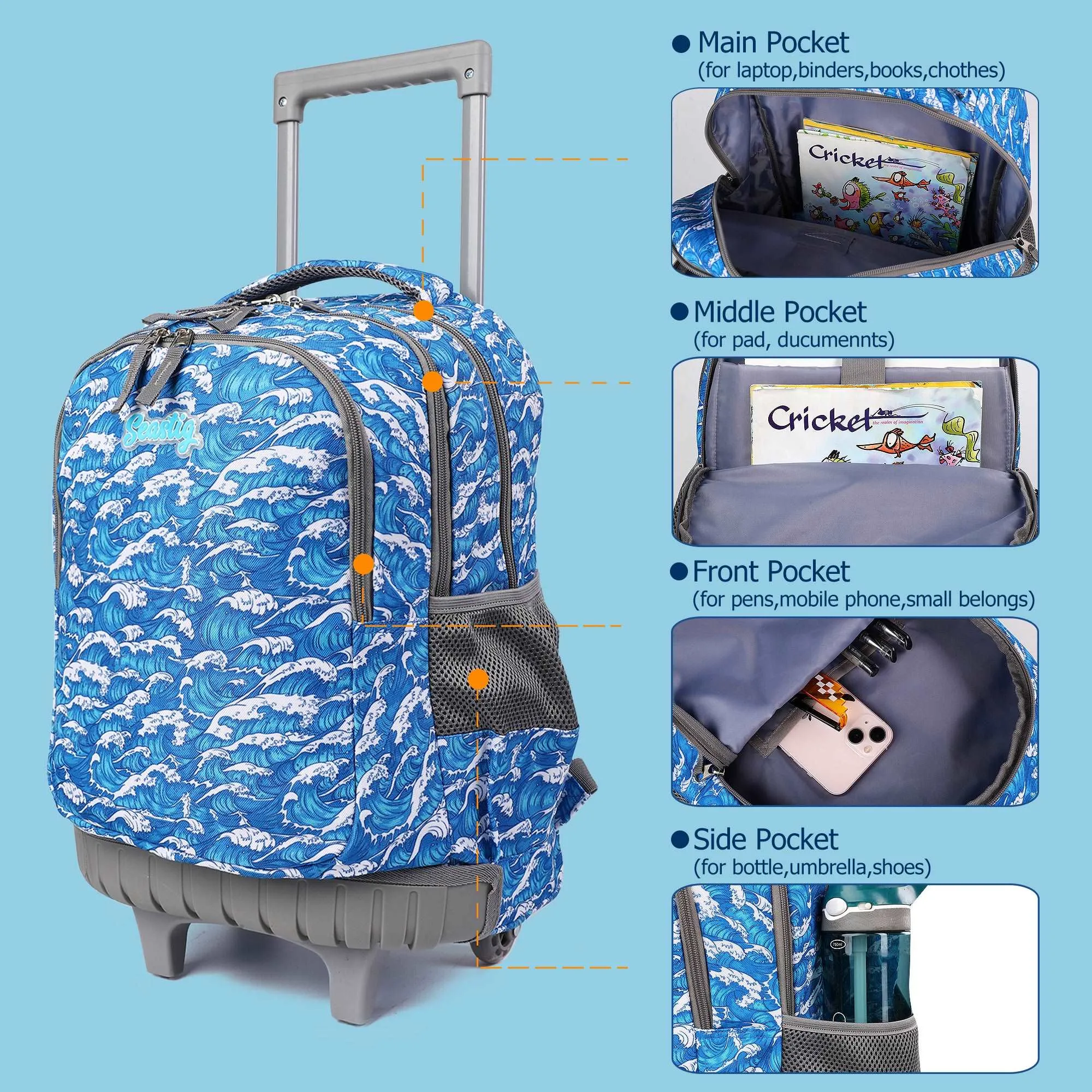 seastig Blue Waves  18 inch Rolling Backpack with Lunch Box and Pencil Case Set