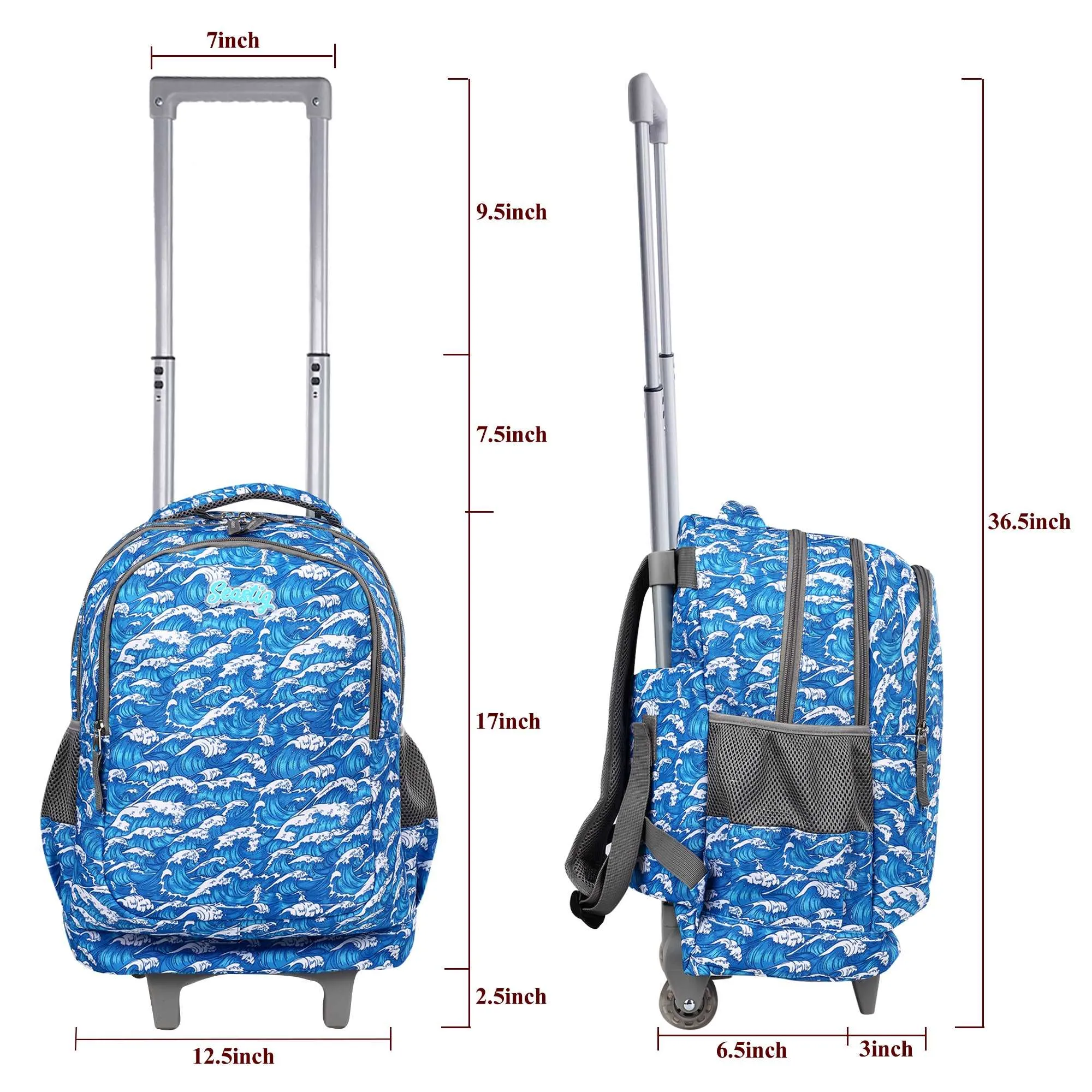 seastig Blue Waves  18 inch Rolling Backpack with Lunch Box and Pencil Case Set