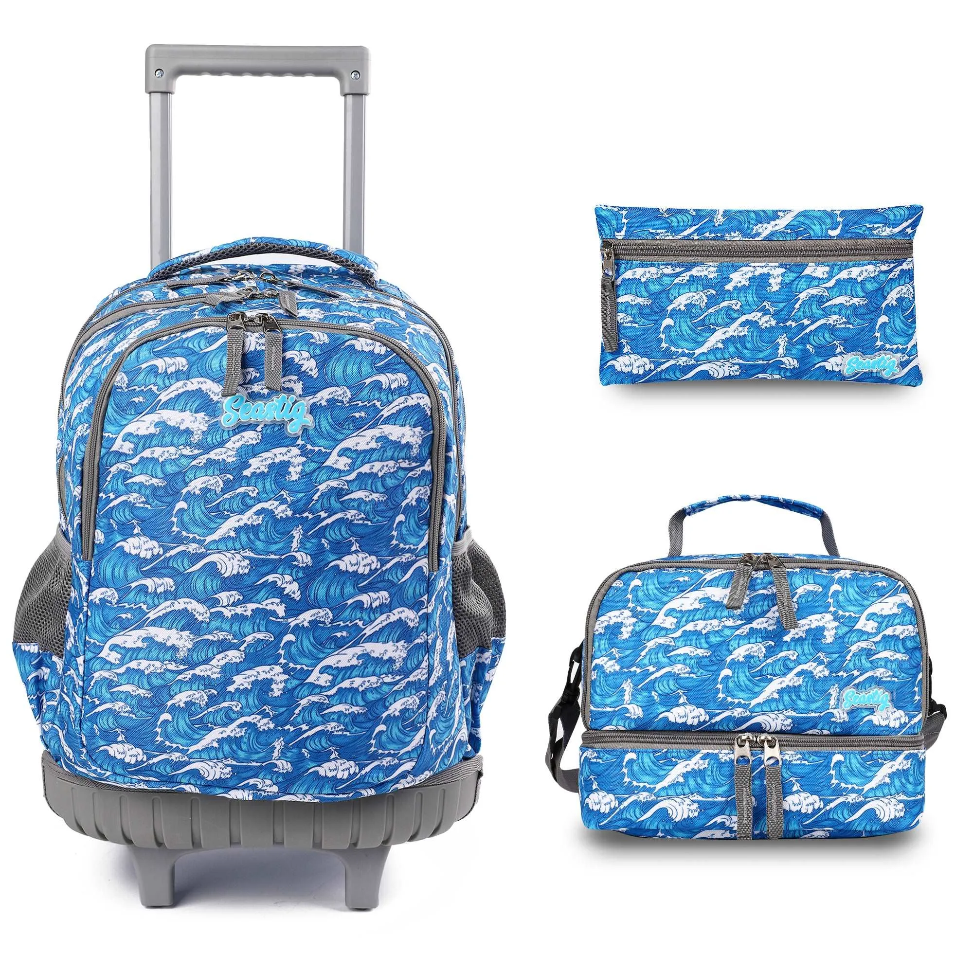 seastig Blue Waves  18 inch Rolling Backpack with Lunch Box and Pencil Case Set