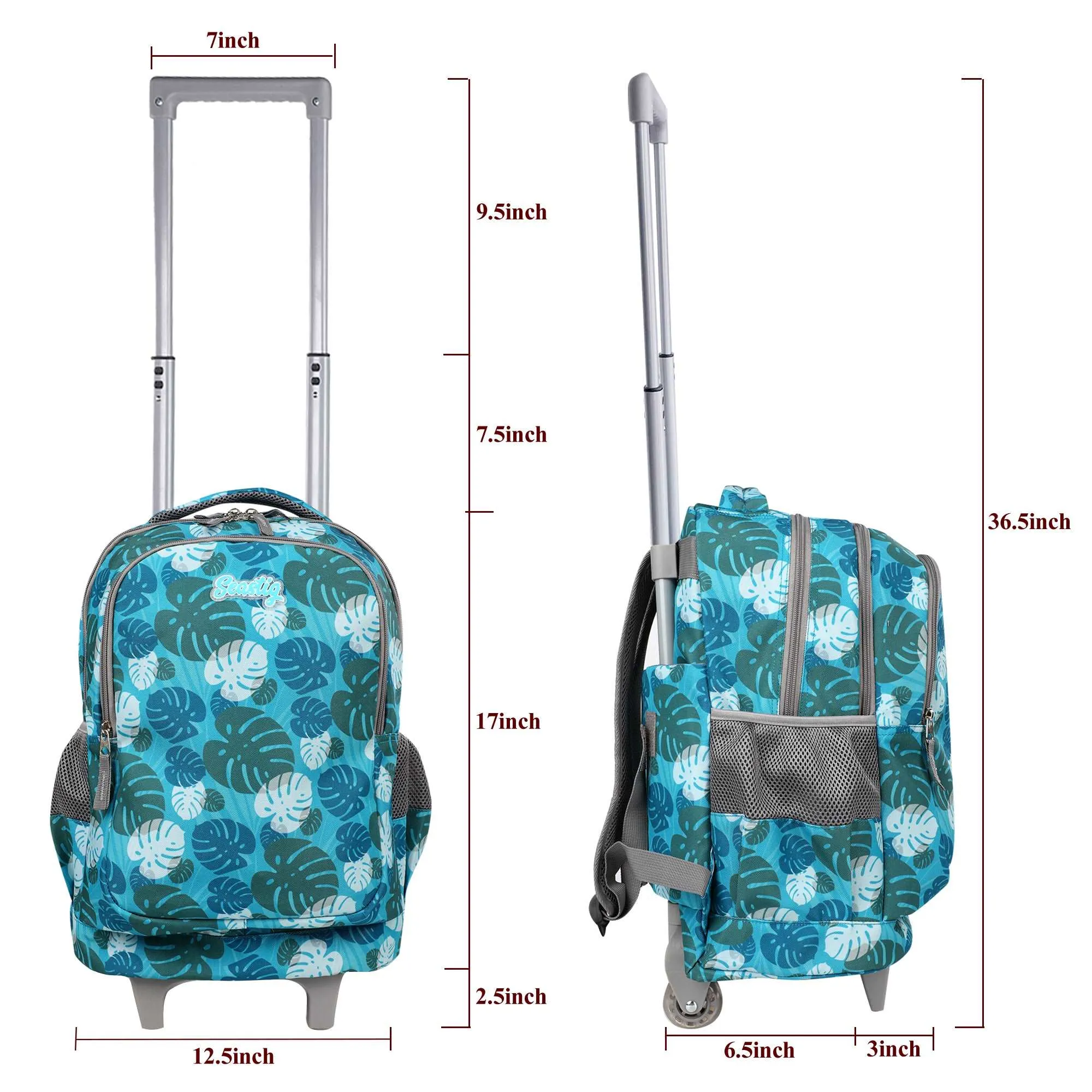 seastig Green Leaves Rolling Backpack 18 inch with Lunch Box and Pencil Case Set