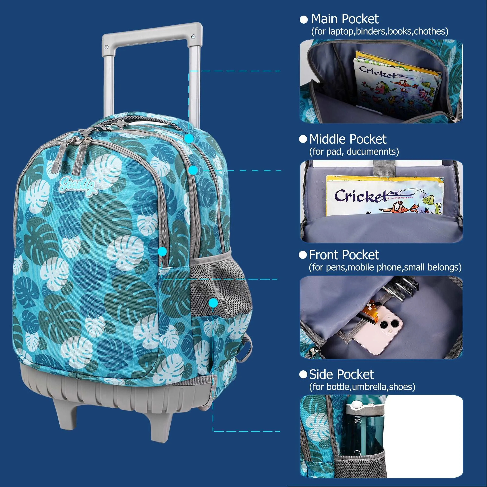 seastig Green Leaves Rolling Backpack 18 inch with Lunch Box and Pencil Case Set