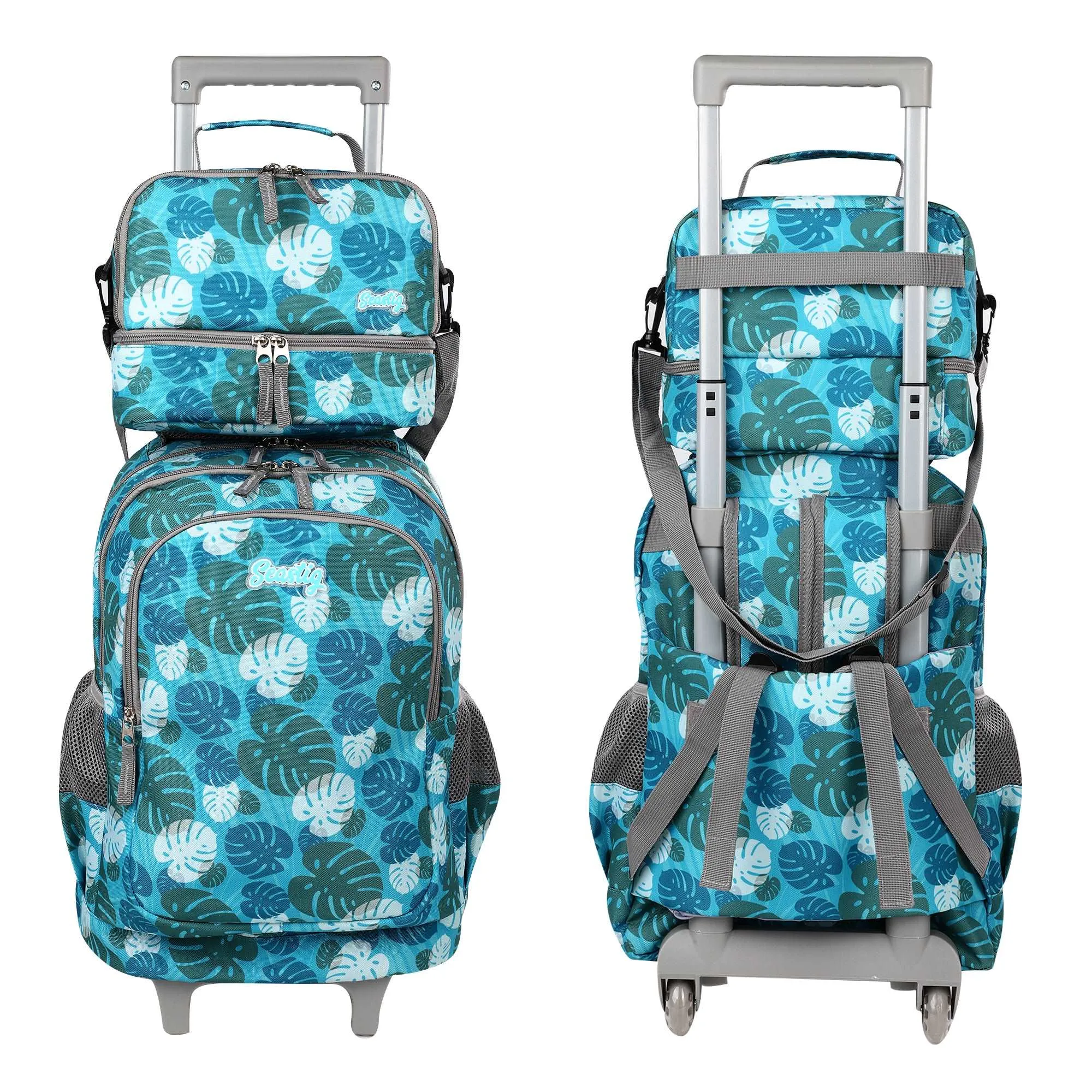 seastig Green Leaves Rolling Backpack 18 inch with Lunch Box and Pencil Case Set