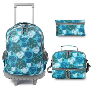 seastig Green Leaves Rolling Backpack 18 inch with Lunch Box and Pencil Case Set