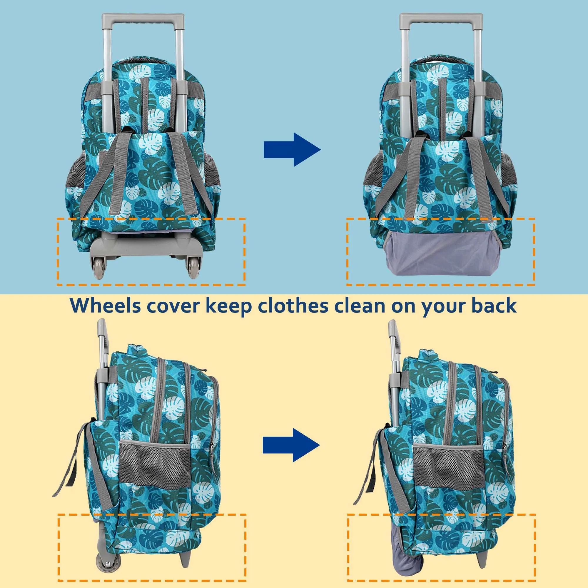seastig Green Leaves Rolling Backpack 18 inch with Lunch Box and Pencil Case Set
