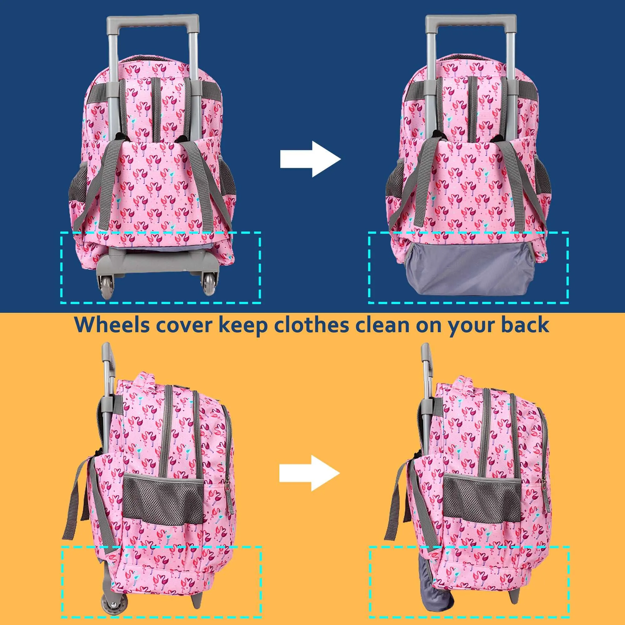 seastig Pink Flamingo Rolling Backpack 18 inch with Lunch Box and Pencil Case Set
