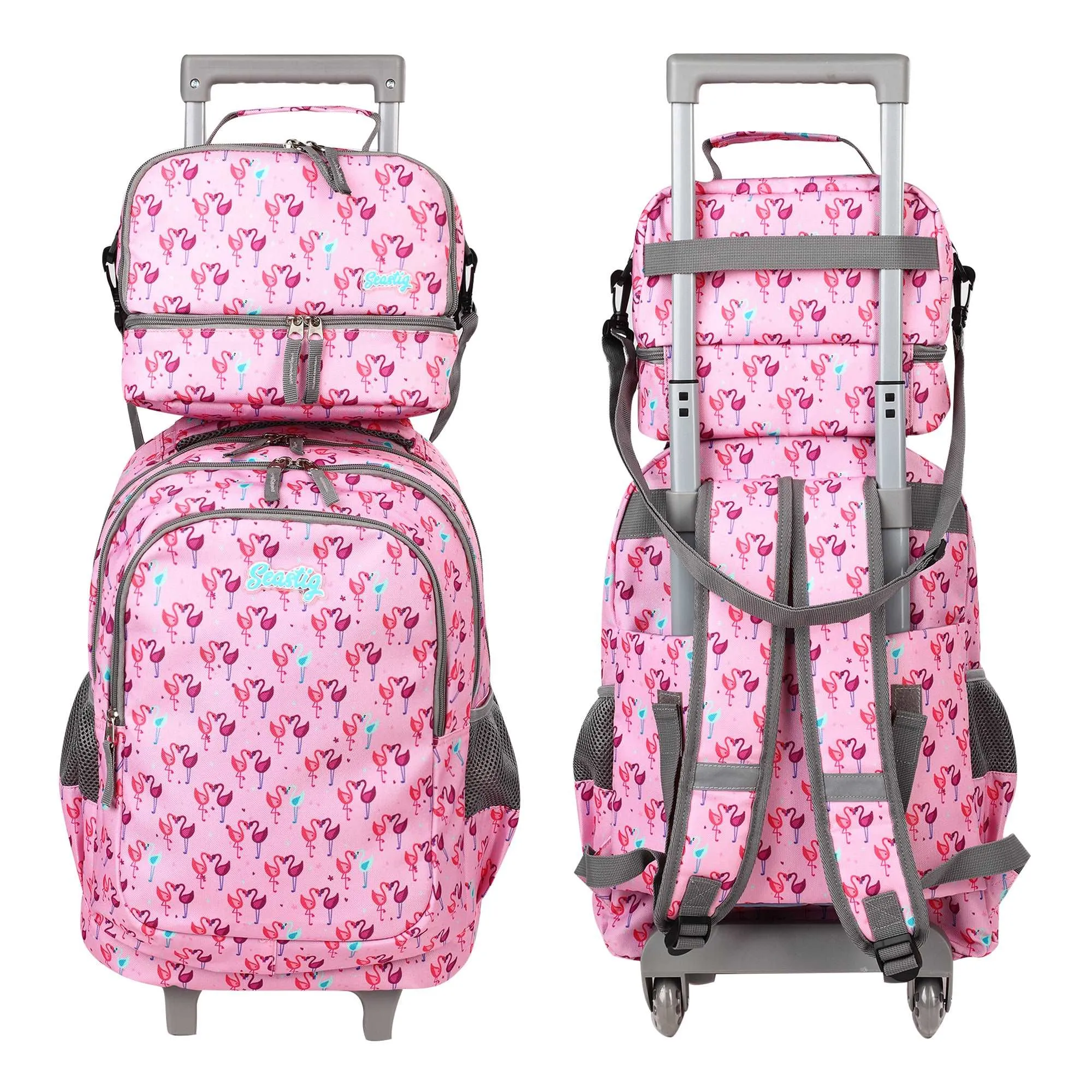 seastig Pink Flamingo Rolling Backpack 18 inch with Lunch Box and Pencil Case Set