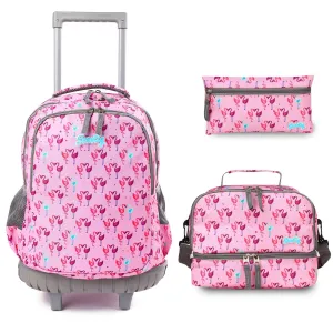 seastig Pink Flamingo Rolling Backpack 18 inch with Lunch Box and Pencil Case Set