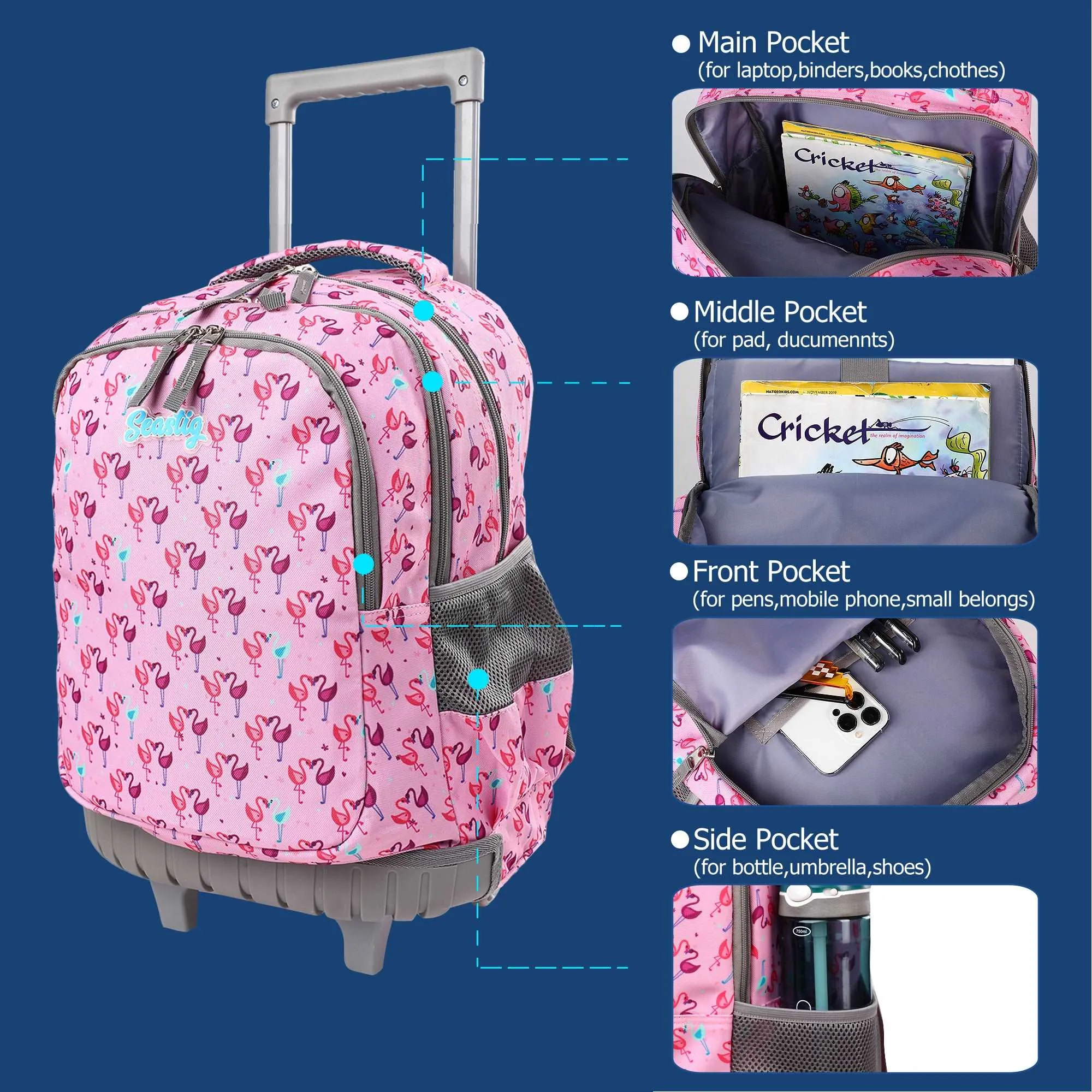 seastig Pink Flamingo Rolling Backpack 18 inch with Lunch Box and Pencil Case Set