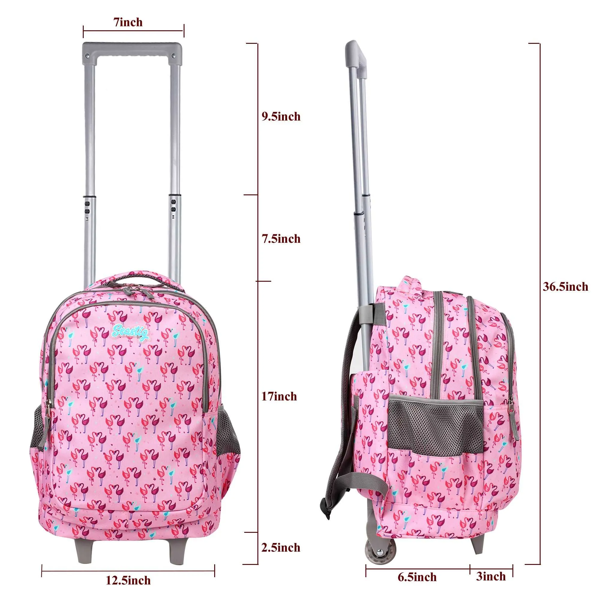 seastig Pink Flamingo Rolling Backpack 18 inch with Lunch Box and Pencil Case Set