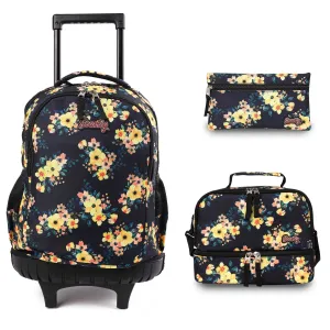 seastig Yellow Flower Rolling Backpack 18 inch Wheeled Backpack with Lunch Box and Pencil Case Set