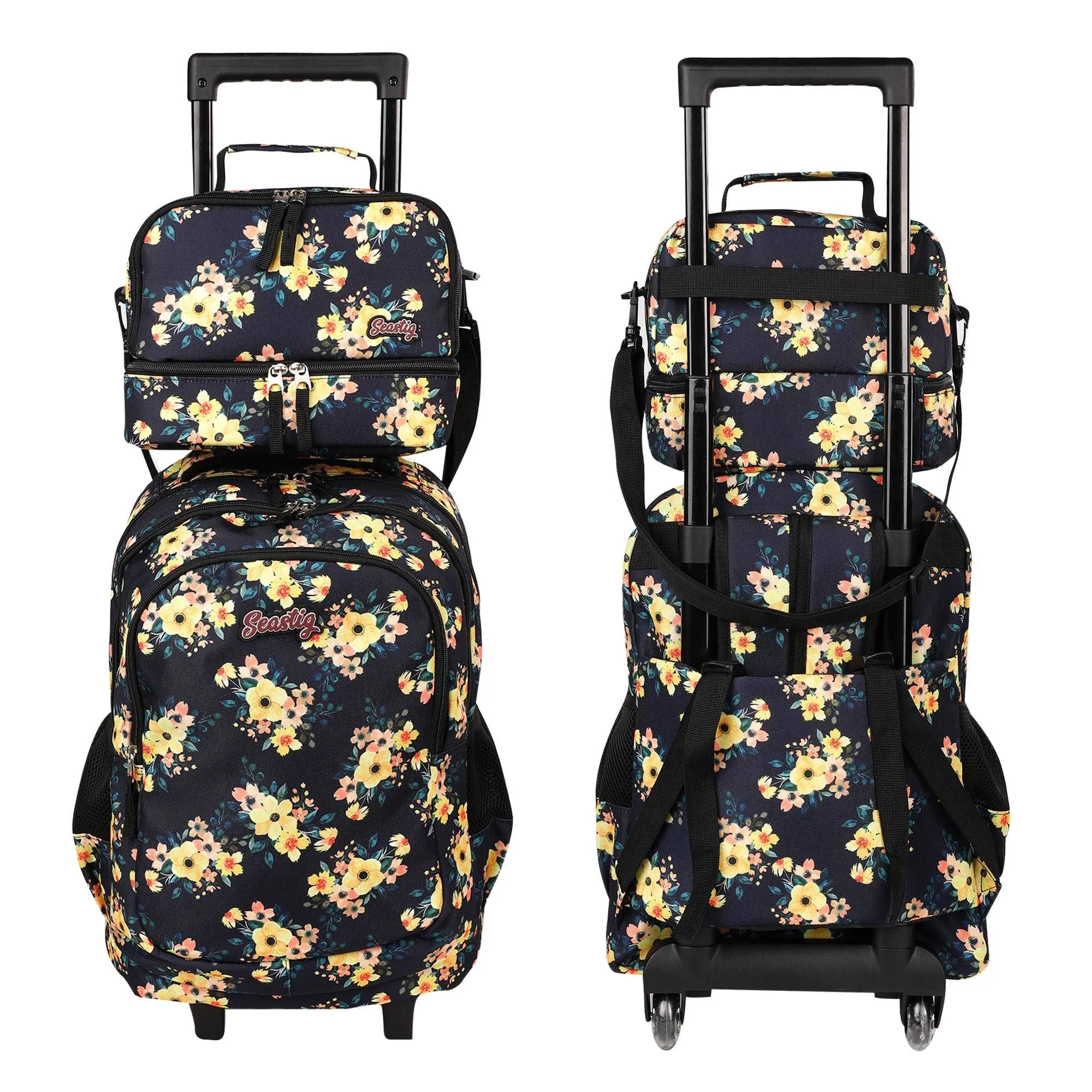 seastig Yellow Flower Rolling Backpack 18 inch Wheeled Backpack with Lunch Box and Pencil Case Set
