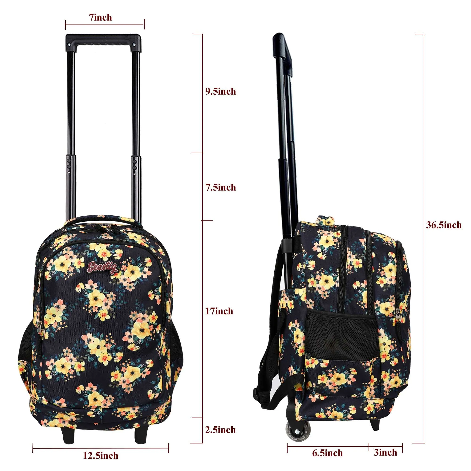 seastig Yellow Flower Rolling Backpack 18 inch Wheeled Backpack with Lunch Box and Pencil Case Set