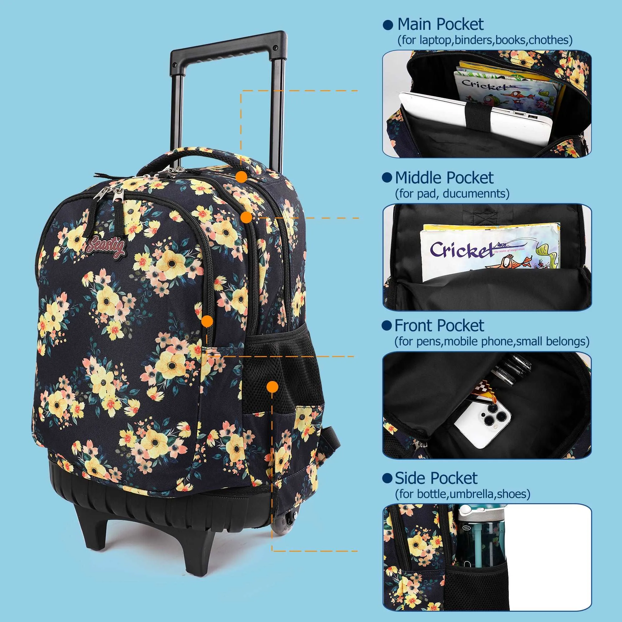seastig Yellow Flower Rolling Backpack 18 inch Wheeled Backpack with Lunch Box and Pencil Case Set
