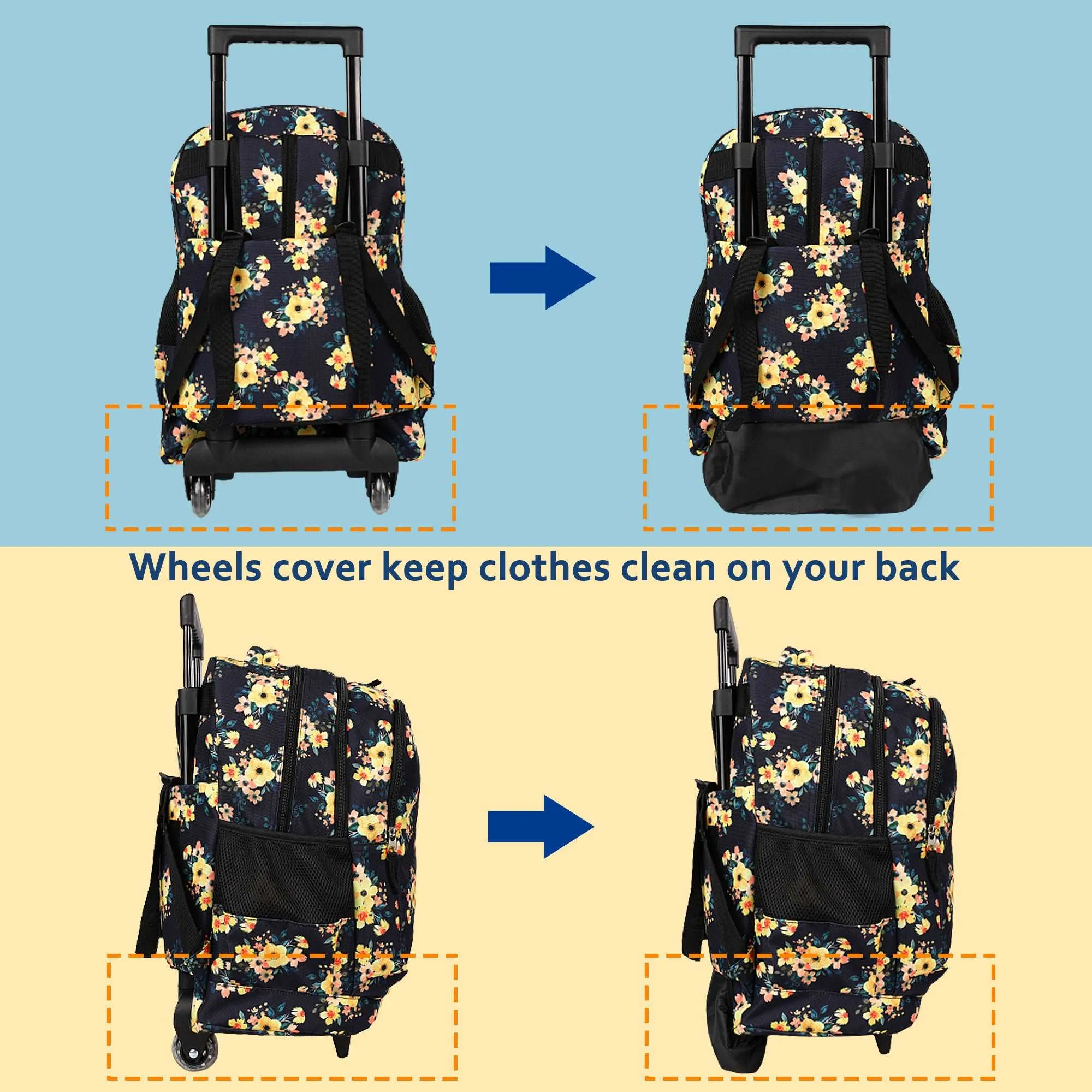 seastig Yellow Flower Rolling Backpack 18 inch Wheeled Backpack with Lunch Box and Pencil Case Set