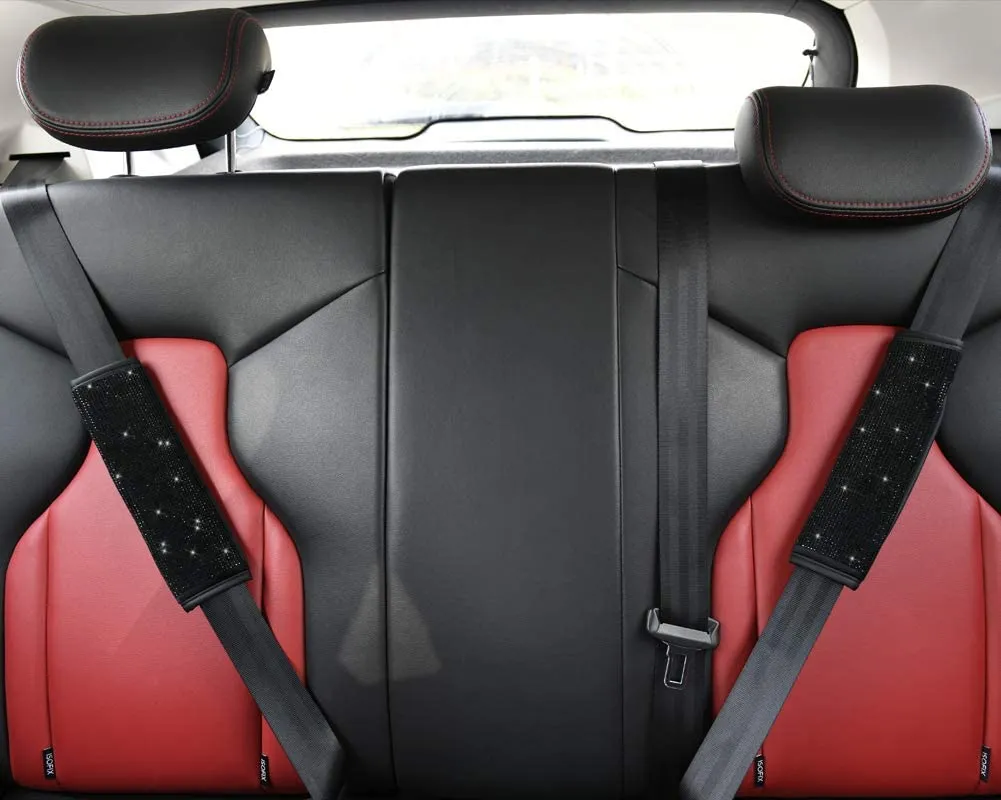 Soft Velvet Seat Belt Shoulder Pads with Bling Rhinestones Car Bling Seat Belt Covers for Women, Crystal Handbrake Cover, Bling Ring Set Bling Car Accessories 4 Pack Set Universal, Car Interior Accessories