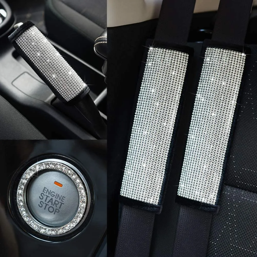 Soft Velvet Seat Belt Shoulder Pads with Bling Rhinestones Car Bling Seat Belt Covers for Women, Crystal Handbrake Cover, Bling Ring Set Bling Car Accessories 4 Pack Set Universal, Car Interior Accessories