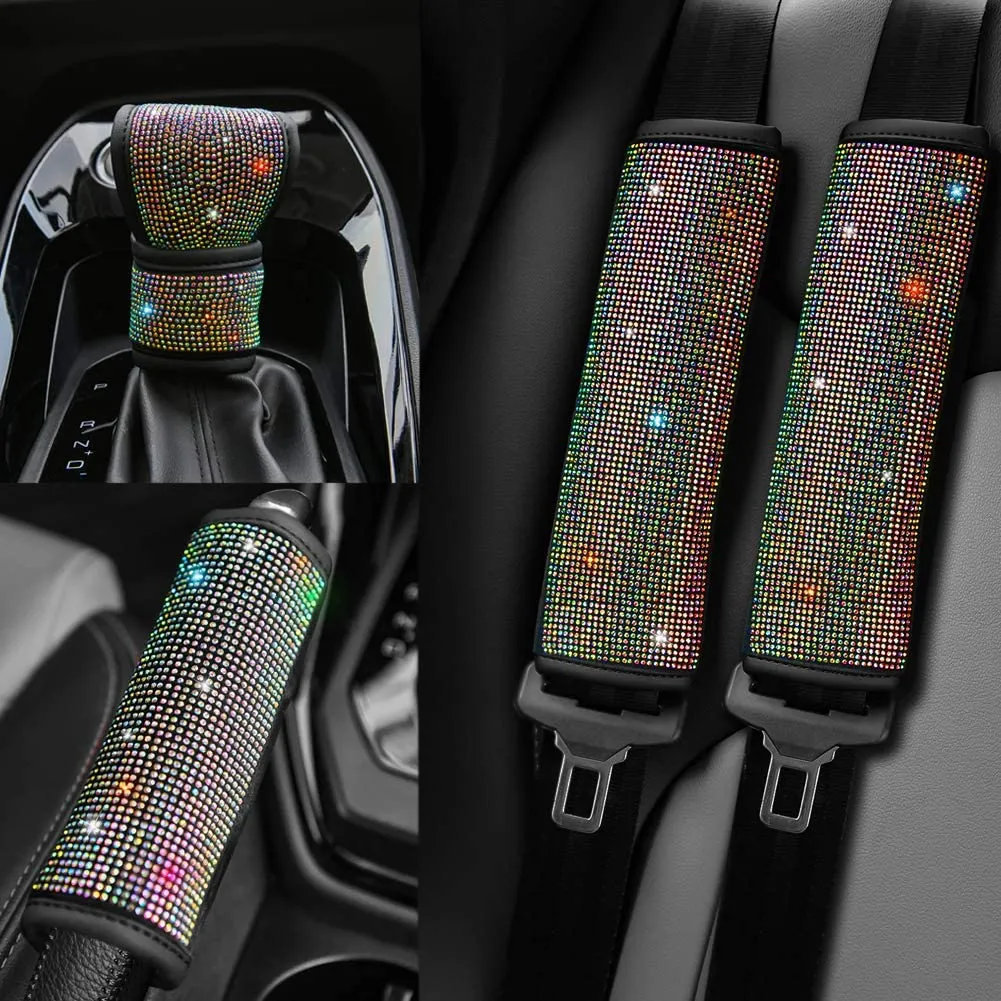 Soft Velvet Seat Belt Shoulder Pads with Bling Rhinestones Car Bling Seat Belt Covers for Women, Crystal Handbrake Cover, Bling Ring Set Bling Car Accessories 4 Pack Set Universal, Car Interior Accessories