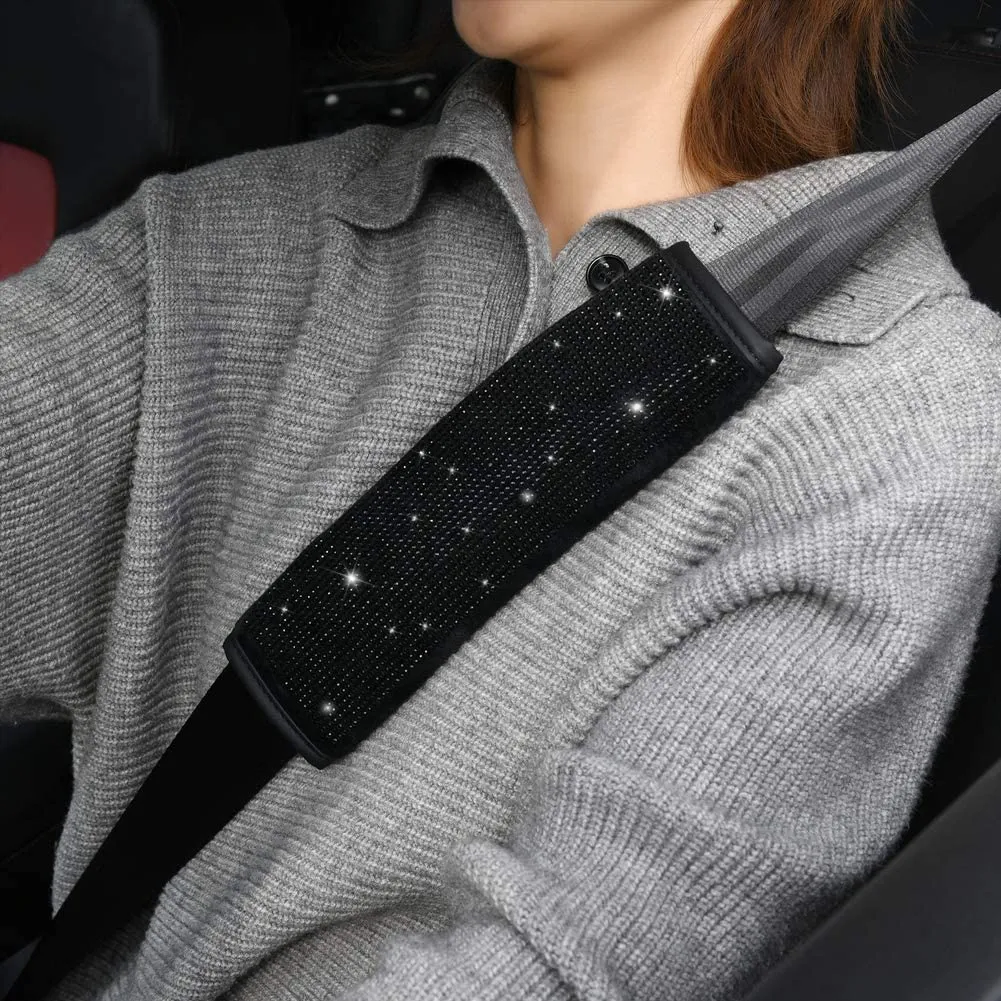 Soft Velvet Seat Belt Shoulder Pads with Bling Rhinestones Car Bling Seat Belt Covers for Women, Crystal Handbrake Cover, Bling Ring Set Bling Car Accessories 4 Pack Set Universal, Car Interior Accessories