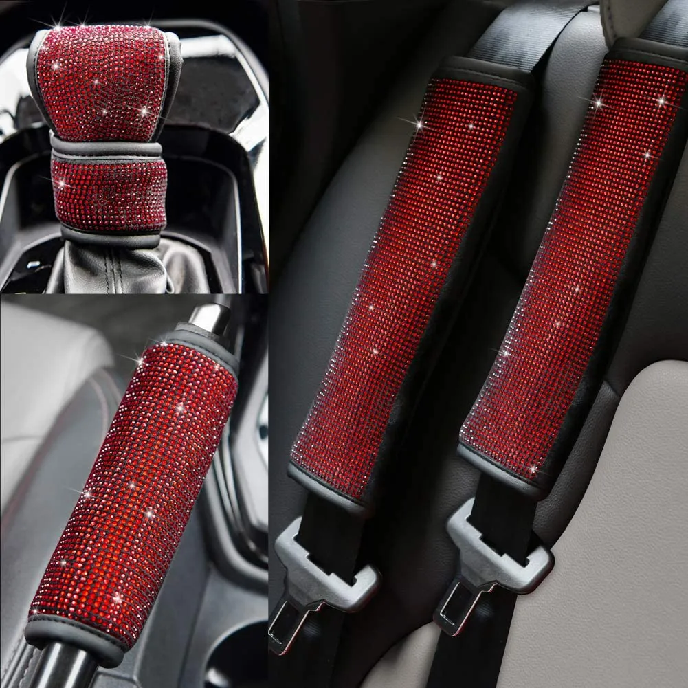 Soft Velvet Seat Belt Shoulder Pads with Bling Rhinestones Car Bling Seat Belt Covers for Women, Crystal Handbrake Cover, Bling Ring Set Bling Car Accessories 4 Pack Set Universal, Car Interior Accessories