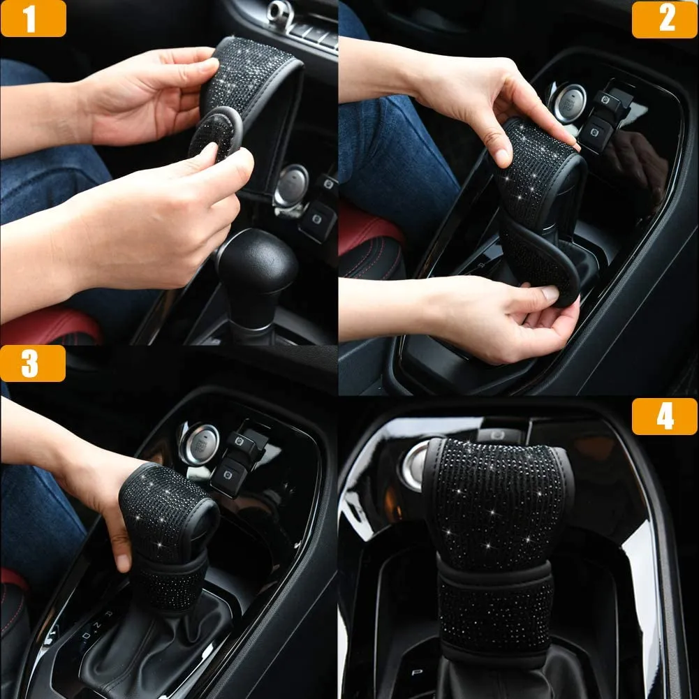 Soft Velvet Seat Belt Shoulder Pads with Bling Rhinestones Car Bling Seat Belt Covers for Women, Crystal Handbrake Cover, Bling Ring Set Bling Car Accessories 4 Pack Set Universal, Car Interior Accessories
