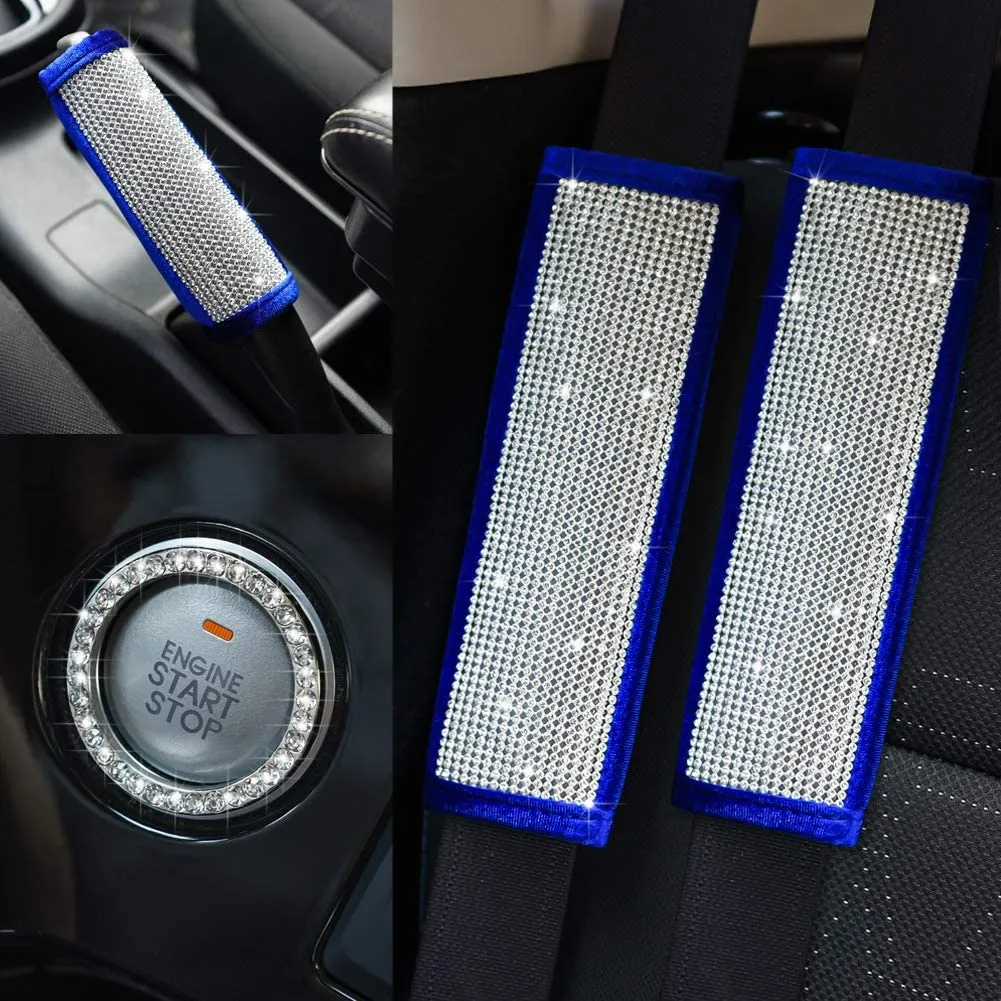 Soft Velvet Seat Belt Shoulder Pads with Bling Rhinestones Car Bling Seat Belt Covers for Women, Crystal Handbrake Cover, Bling Ring Set Bling Car Accessories 4 Pack Set Universal, Car Interior Accessories