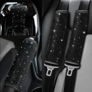 Soft Velvet Seat Belt Shoulder Pads with Bling Rhinestones Car Bling Seat Belt Covers for Women, Crystal Handbrake Cover, Bling Ring Set Bling Car Accessories 4 Pack Set Universal, Car Interior Accessories