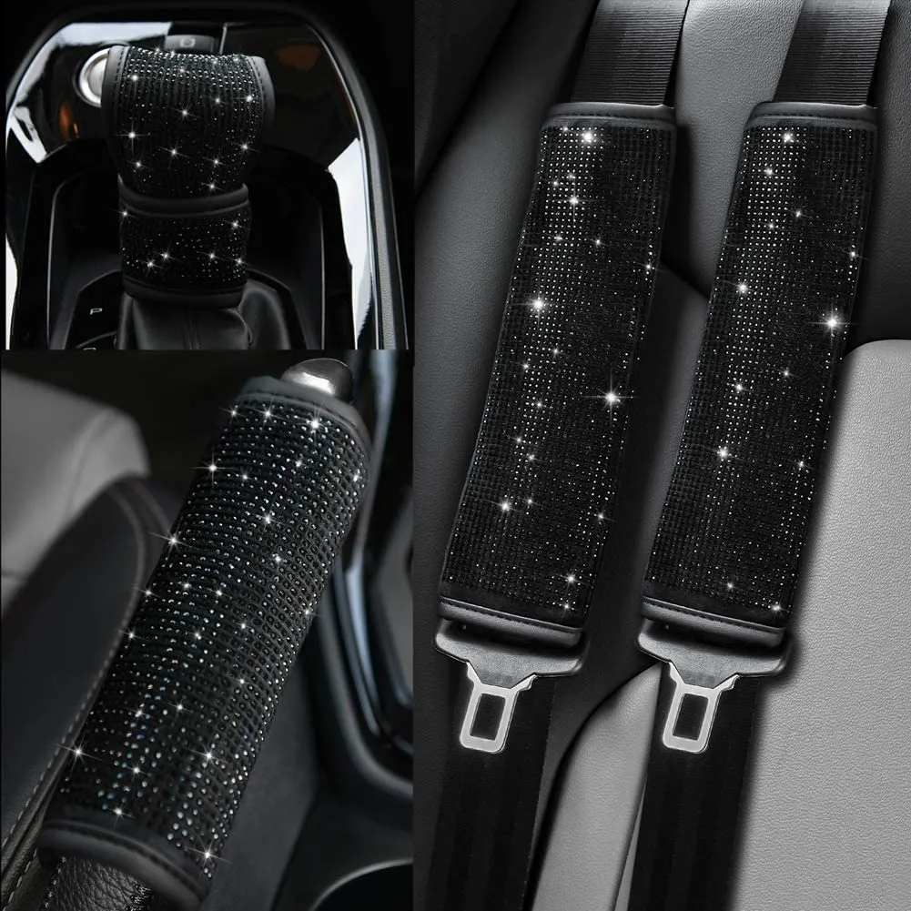 Soft Velvet Seat Belt Shoulder Pads with Bling Rhinestones Car Bling Seat Belt Covers for Women, Crystal Handbrake Cover, Bling Ring Set Bling Car Accessories 4 Pack Set Universal, Car Interior Accessories