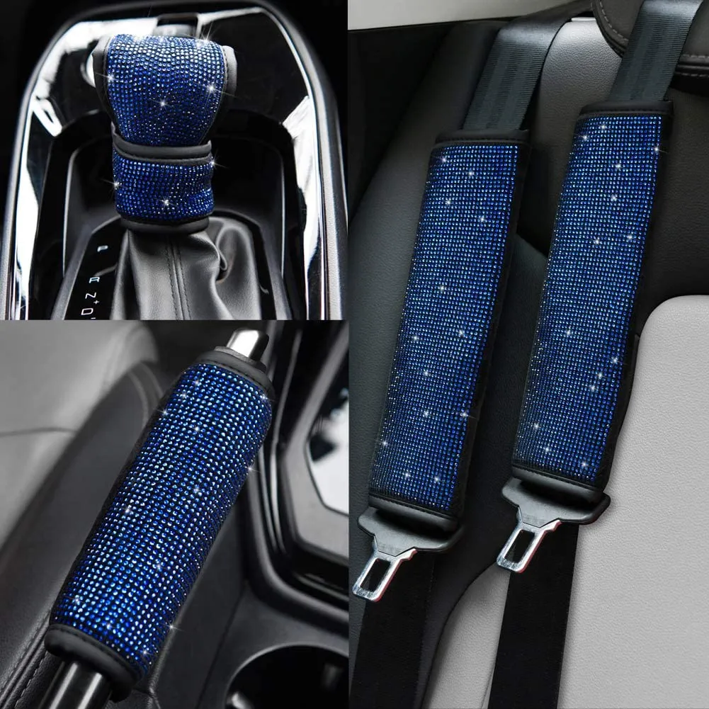 Soft Velvet Seat Belt Shoulder Pads with Bling Rhinestones Car Bling Seat Belt Covers for Women, Crystal Handbrake Cover, Bling Ring Set Bling Car Accessories 4 Pack Set Universal, Car Interior Accessories