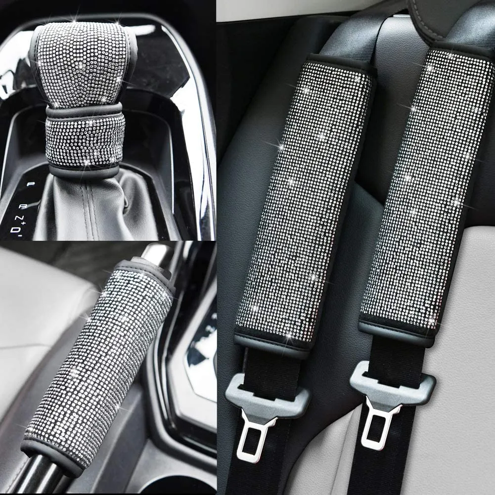 Soft Velvet Seat Belt Shoulder Pads with Bling Rhinestones Car Bling Seat Belt Covers for Women, Crystal Handbrake Cover, Bling Ring Set Bling Car Accessories 4 Pack Set Universal, Car Interior Accessories